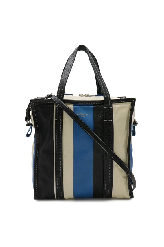 Pre-Owned BALENCIAGA Bazaar Shopper Tote Bag Shoulder Leather Stripe Black White Blue 443096