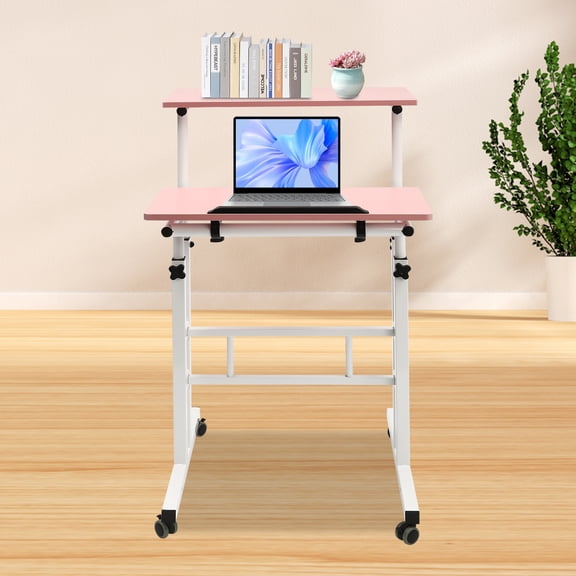 Mobile Stand up Desk, Small Adjustable Standing Desk with Wheels Home Office Workstation, Portable Rolling Desk Laptop Cart for Standing or Sitting, Pink