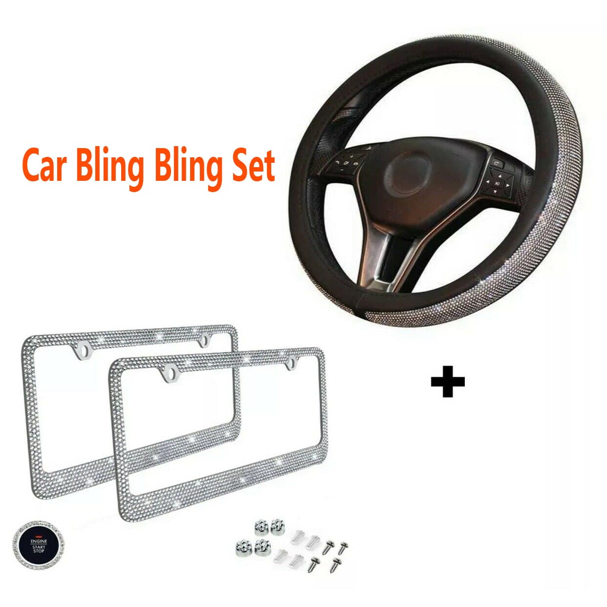 5 Pack Bling Car Accessories Set, Bling Steering Wheel Cover for Women  Universal Fit 15 Inch, Bling License Plate Frame for Women, Bling Dual USB  Car