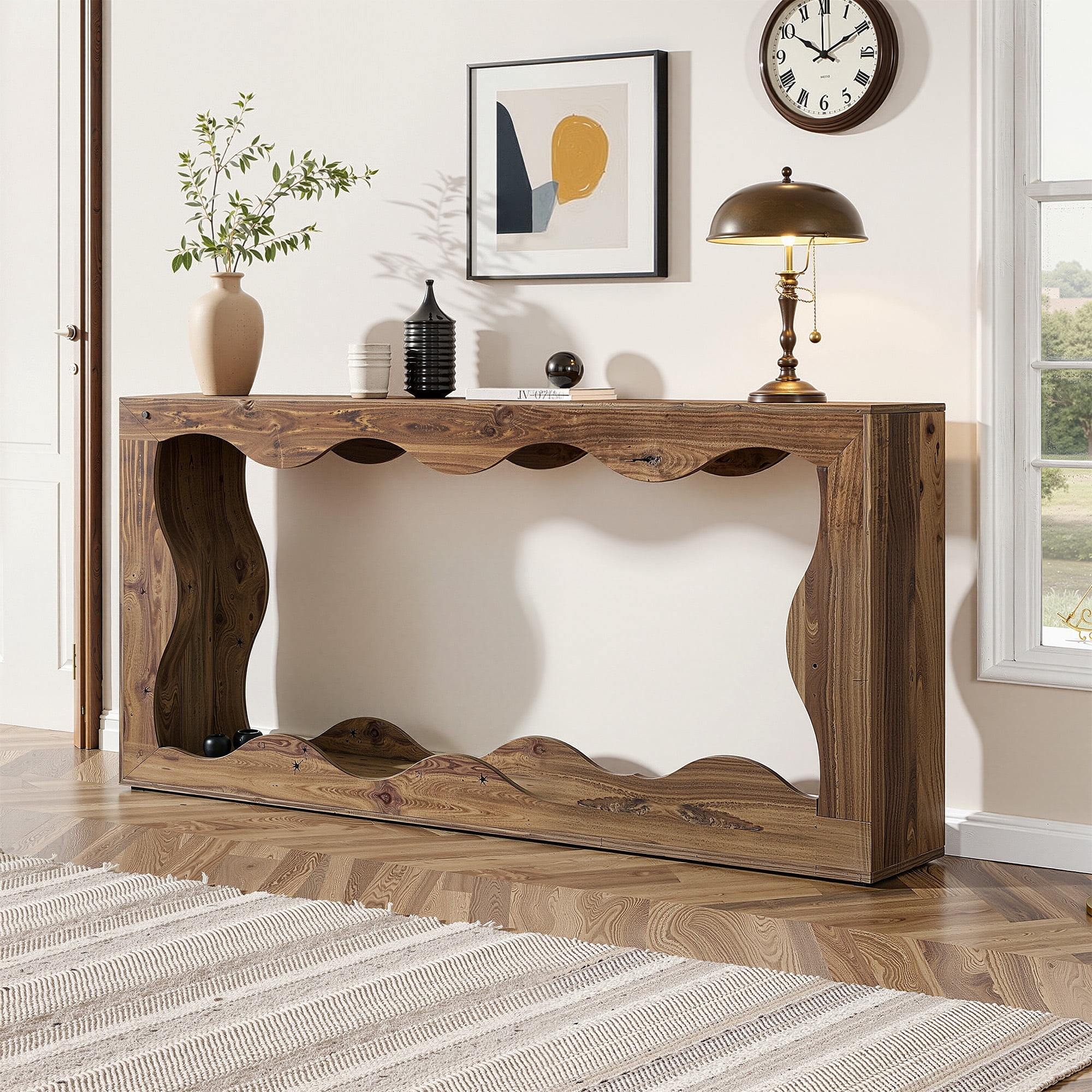 MAYEERTY 63" Wavy Scalloped Console Table, Retro Farmhouse 2-Tier Entryway Table for Home