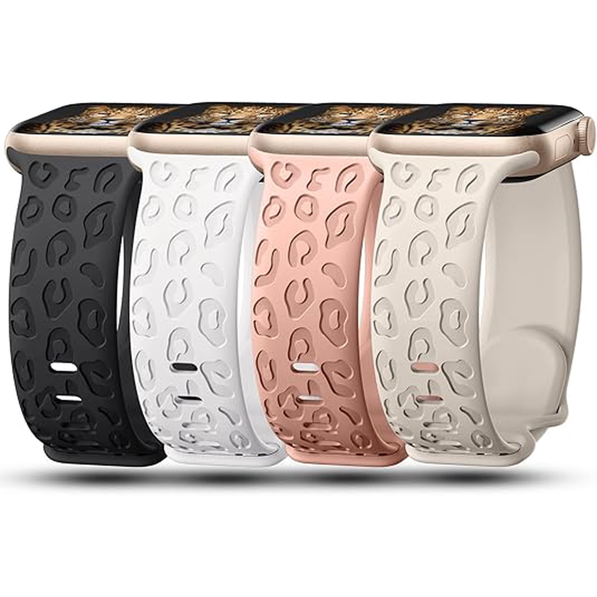 4 Pack iWatch Bands for Women, Fancy Apple Watch Bands Series 11 10 9 8 7 SE Ultra 42mm 45mm 49mm 44mm 41mm 40mm 38mm, Soft Silicone Leopard Engraved Strap, Dressy Cheetah Sport Wristband