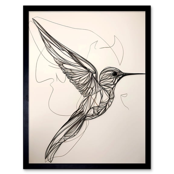 Humming Bird in Flight Line Drawing Portrait Art Print Framed Poster Wall Decor 12x16 inch