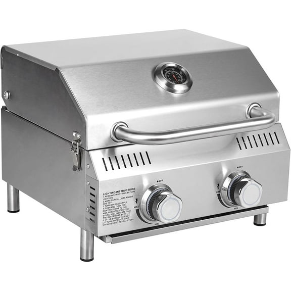 Bestfire Tabletop Gas Grill 2 Burners, 20,000 BTUs Stainless Steel Portable Propane Grill with Legs for Outdoor Patio Backyard Camping, Tailgating, and RV Trips