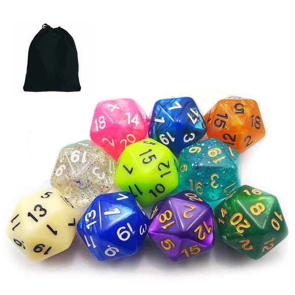 Bescon 10pcs Set of 20 Sided Dice (Number 1-20) 10 Count Assorted Random Multi Effected&Colored Pack of D20 in Drawstring Pouch
