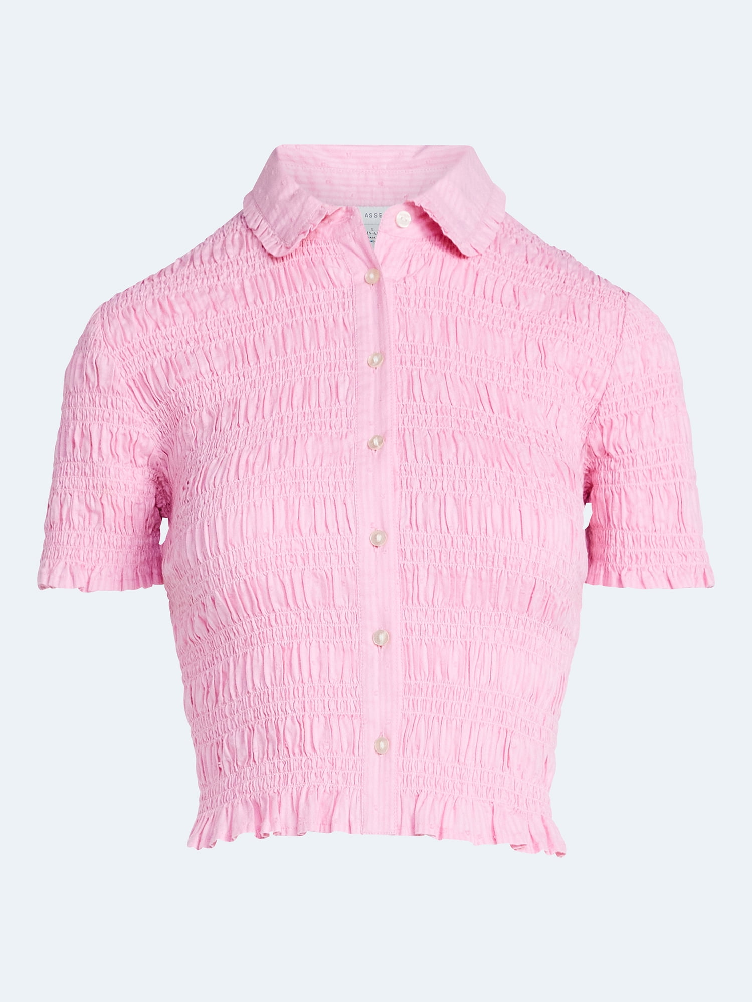 Free Assembly Women's Smocked Cotton Button Front Shirt with Short Sleeves XS-XXL