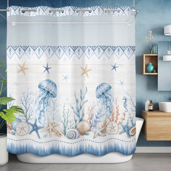 Summer Blue Jellyfish Coral Wood Plank No Hook Shower Curtain with Snap in Liner Set,Ocean Starfish Shell Waterproof Fabric Shower Curtains with See Through Top Window for Bathroom,72Wx72L
