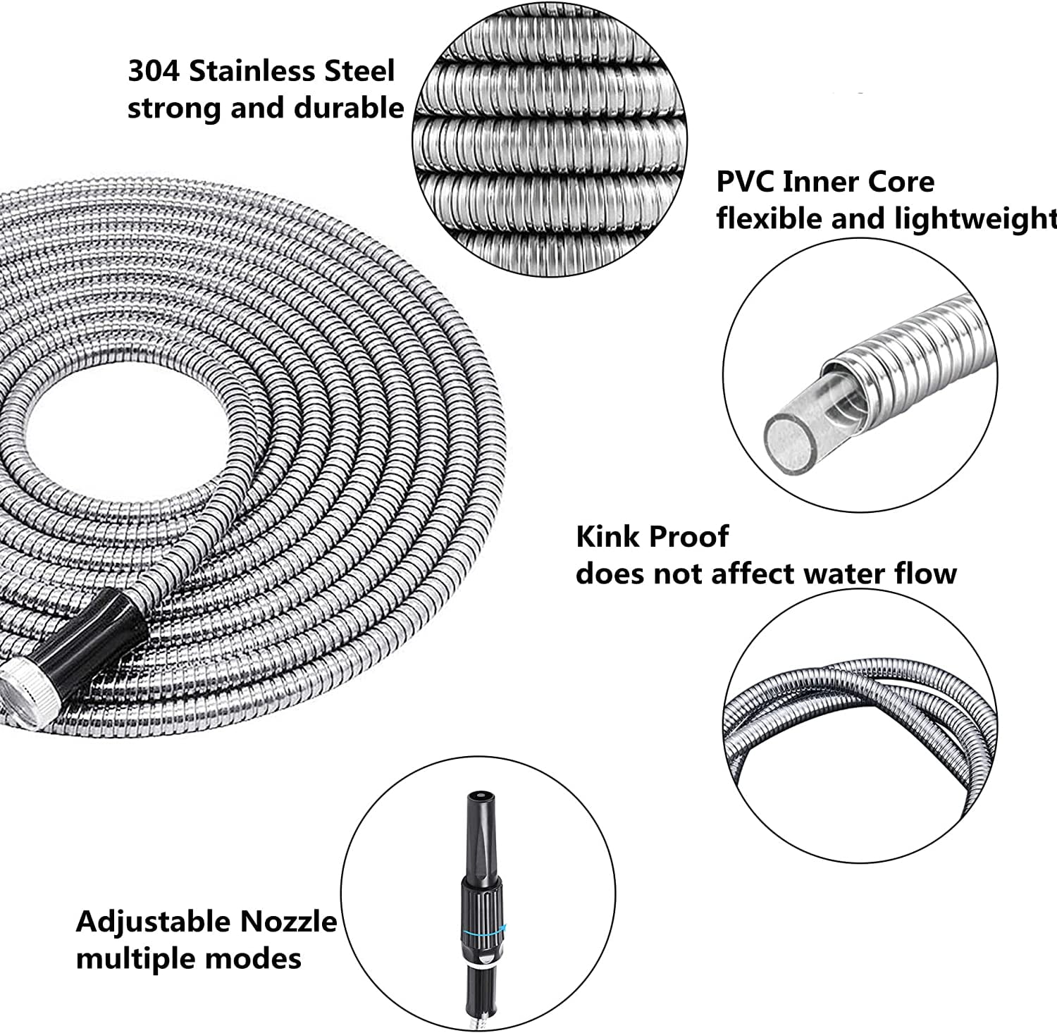 PET-U 50 FT 304 Stainless Steel Hose Flexible Lightweight Metal Garden Hoses Portable water pipe Suitable for Indoor and Outdoor