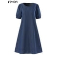 thumbnail image 4 of VONDA 2024 Summer Denim Party Dress Women Short Sleeve O-Neck Sundress Solid Casual Street A-line Short Vestido Robe Oversize, 4 of 5