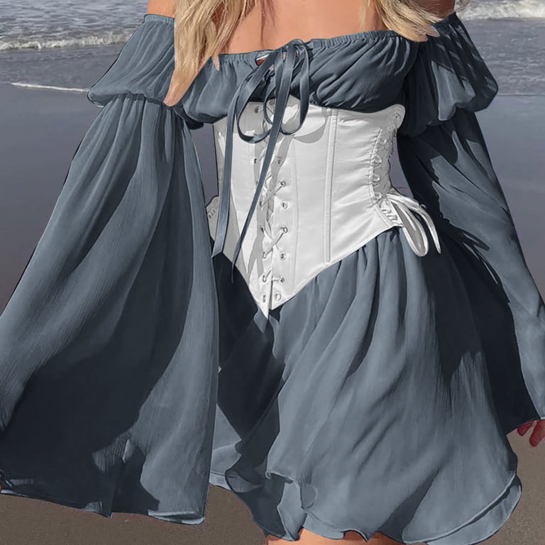 qolati Halloween Dresses for Women Flared Sleeve Off Shoulder Lace Up Corset  Dresses Vintage Renaissance Gothic Mesh Swing Mini Dress 2023 - Walmart.com