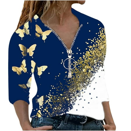 

Women V-Neck Shirt Tops Casual Long Sleeve Plus Size Loose Fit Sweatshirt Pullover Butterfly Printed Zipper Tops Loose T-Shirt Blouse
