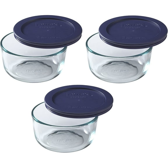 Pyrex 7200 Clear Glass Food Storage Bowls with 7200-PC Blue Plastic Lid Covers