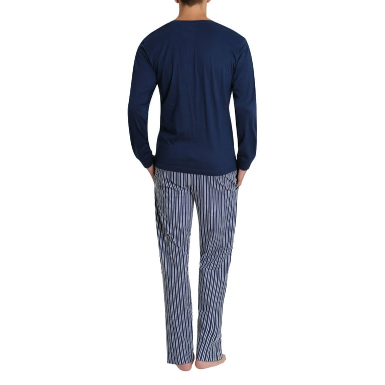 Mr. Sleep Adult Men s Soft Knit Cotton Pajama Pant and Long Sleeve Henley Button Down PJ Shirt Set Navy with Navy and White Stripe M Walmart