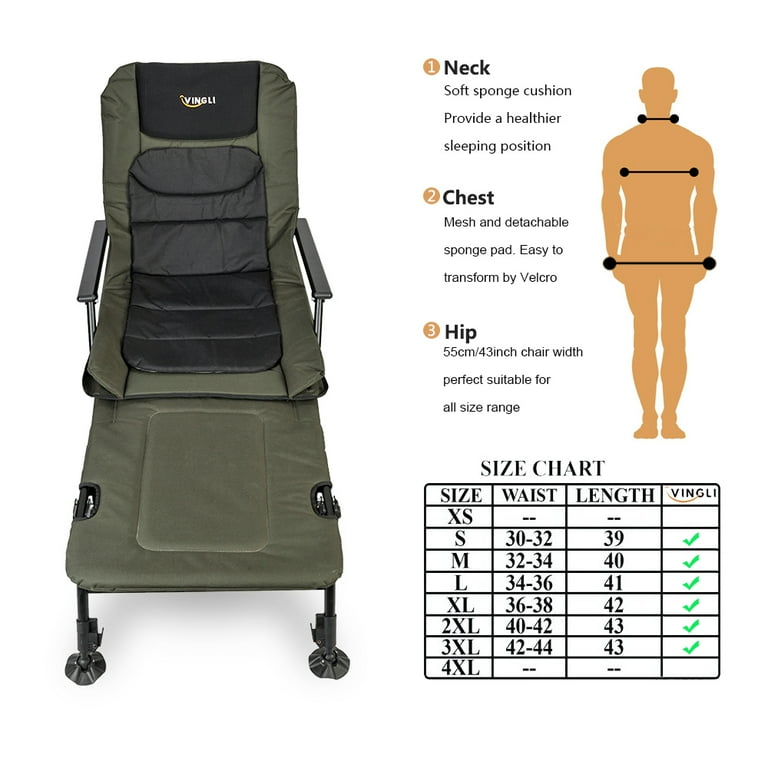 VINGLI Oversized Fishing Chair with Footrest Support 440 lbs 160 Adjustable Backrest, Black & Army Green