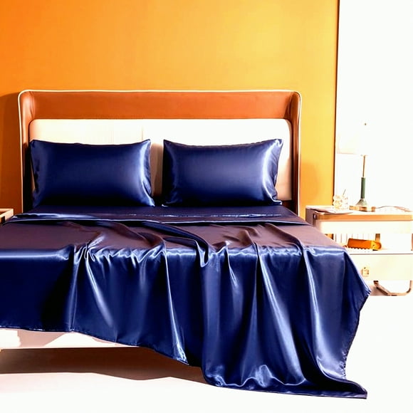 SilkGlow Beauty Sleep Set - Deep Pocket Queen Size Bedsheet with Pillow Covers for Hair & Skin Care - Blue Silk Fabric Sheet Set