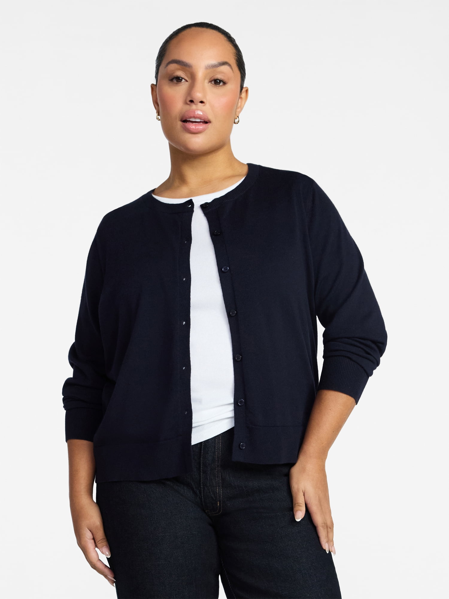 Time and Tru Women's Fine Gauge Cardigan Sweater with Long Sleeves, Lightweight, Sizes XS-XXXL