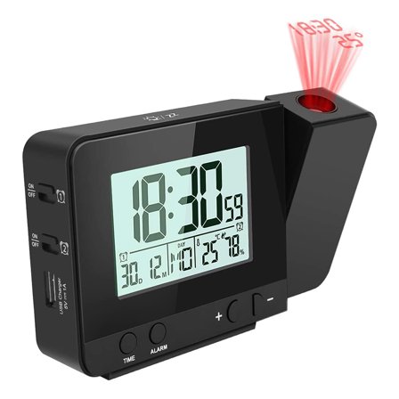Digital Projection Alarm Clock, Backlit LCD Screen for Clear Nighttime Viewing, Time Projection on Ceiling with 180° Rotation, Convenient USB Charger for Your Devices