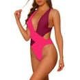 thumbnail image 4 of INSPIRE CHIC Traje de baño de una pieza para mujer, bañador con escote en V profundo y espalda cruzada, monokini en color fluorescente rosa y rojo vino, 4 of 5
