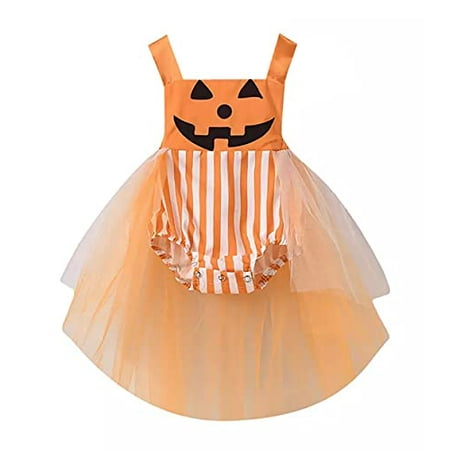 

StylesILove Infant Baby Girls Striped Pumpkin Face Sleeveless Orange Sunsuit Romper with Tulle Skirt Halloween Outfit (18 Months)