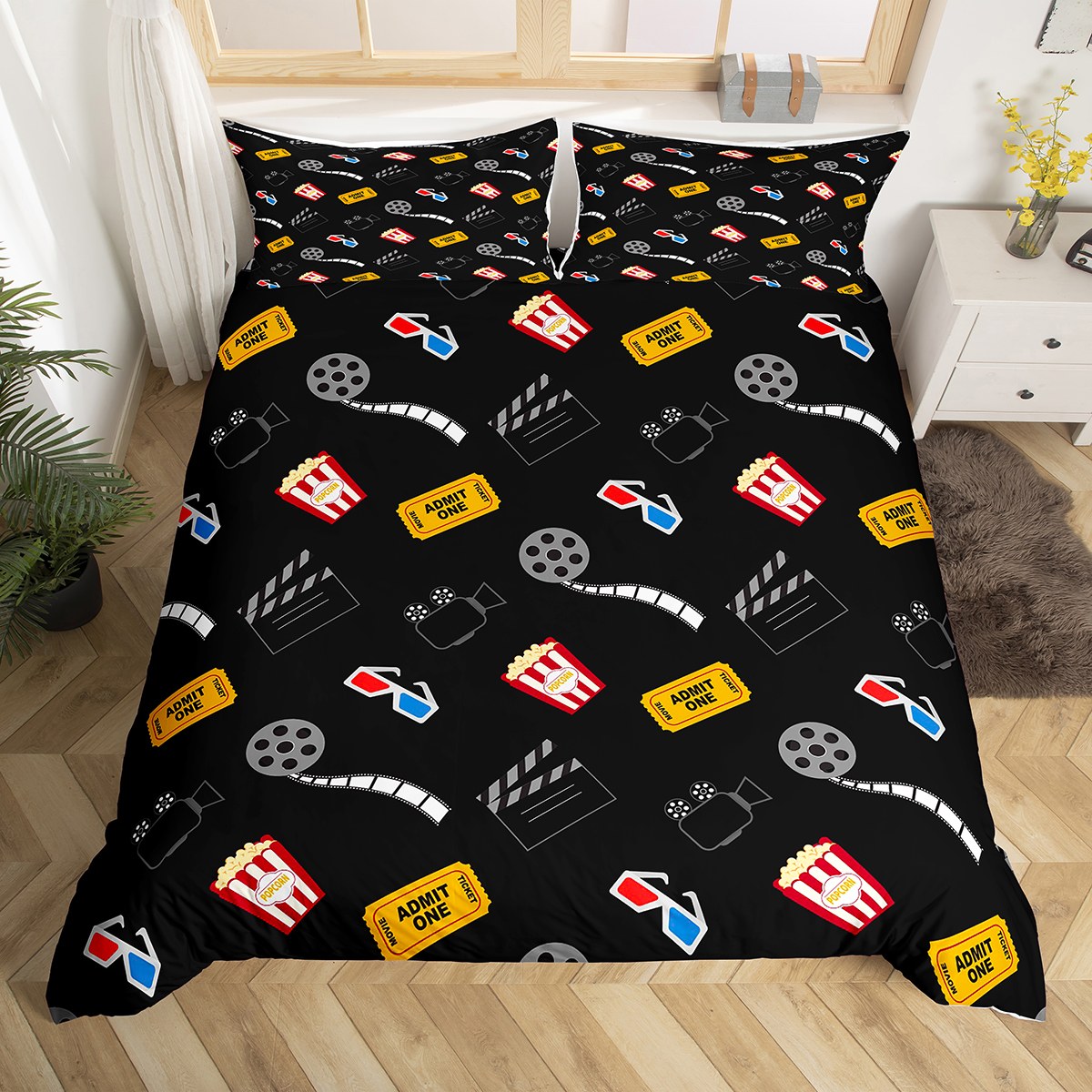 YST Movie Night Duvet Cover King Popcorn 3D Glasses Bedding Set Stereo