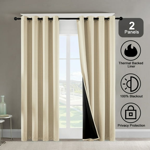 Beige Rod Pocket Thermal Insulated with Coated Lining 52 in. W x 84 in. L Indoor Blackout Curtains (Set of 2)