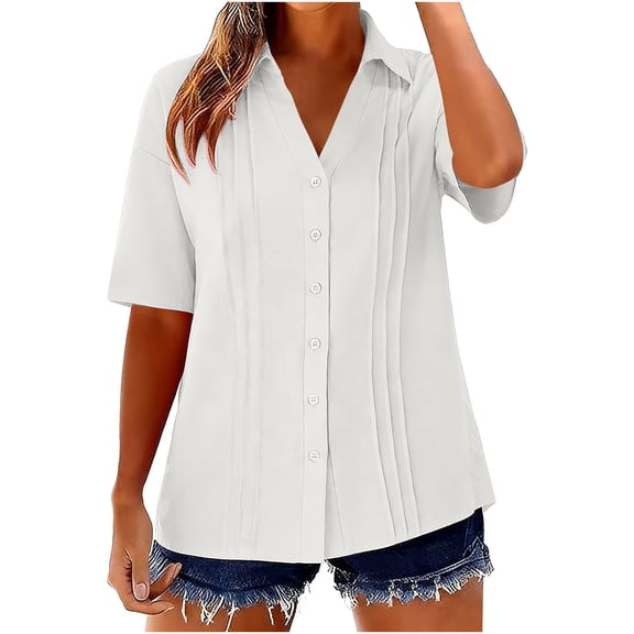 Besolor Button down Shirts for Women Summer Casual Lapel Collar Short Sleeve Shirt Front Pleated Cotton Linen Lightweight Blouses Tops