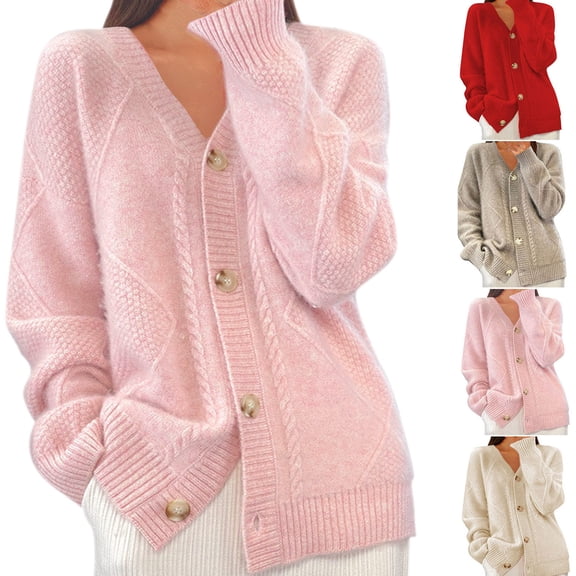 Hzzrkos Women’s Long Sleeve Knit Cardigan Sweater Open Front Casual Loose Fit Soft Textured Outerwear Lightweight Layering Top with Pockets for Daily Wear Vacation Office Pink L