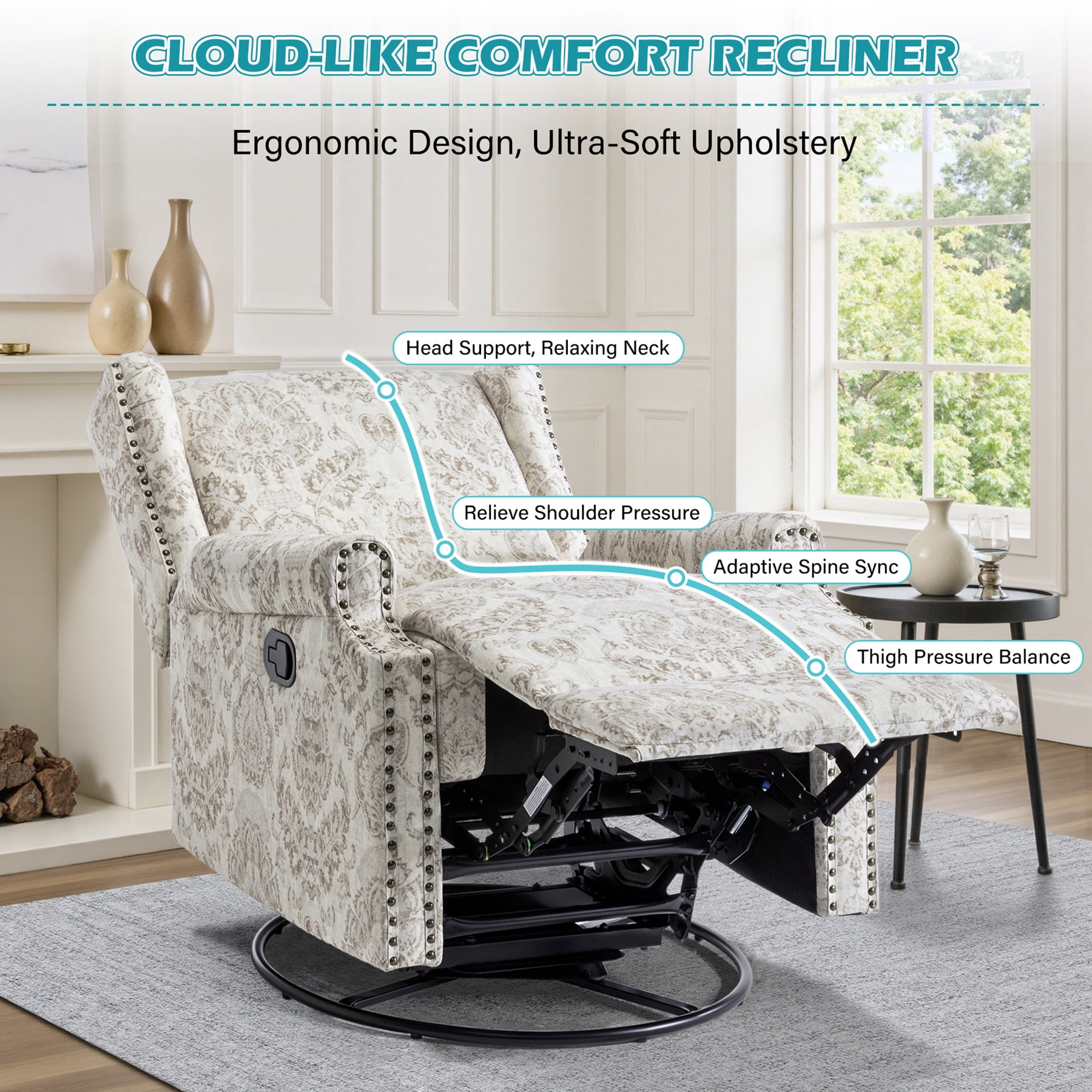 UIXE Swivel Rocker Manual Recliner Chairs Set of 2, Wingback Swivel Glider Fabric Nursery Reclining Sofa Chair, High Back Upholstered Arm Chair for Living Room Bedroom, Beige