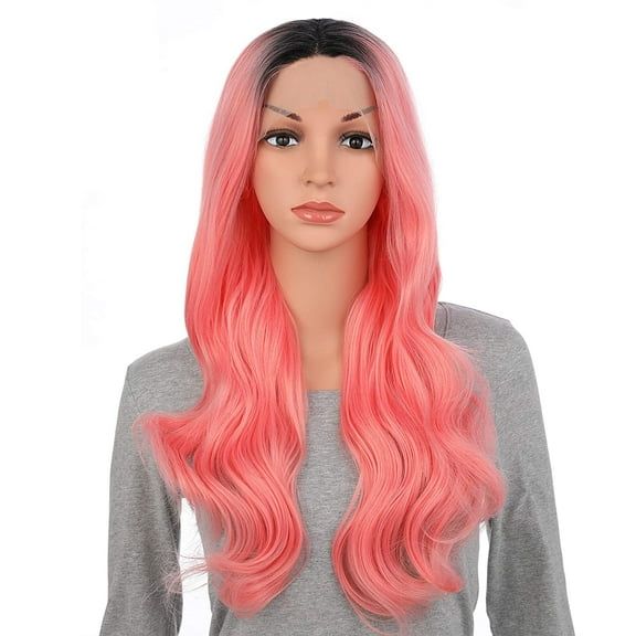 Onedor 24 Inch Synthetic Curly Lace Front Wig - Glueless Middle Part Dark Root Wigs for Women (Pink)