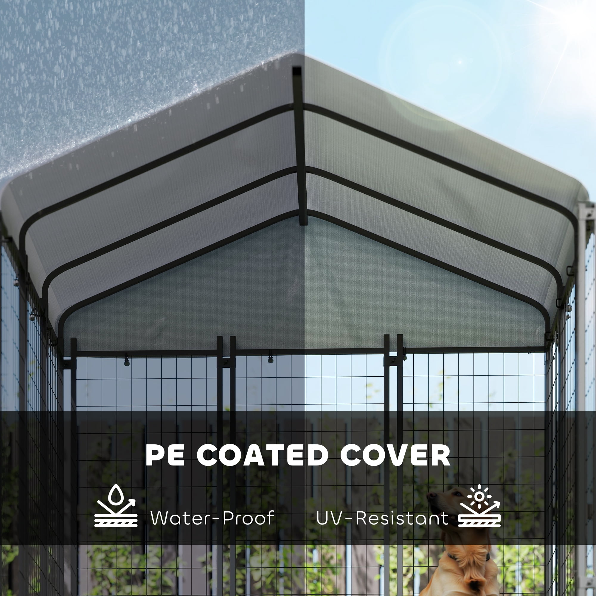 PawHut Outdoor Dog Kennel with Roof, Welded Wire Dog Playpen Enclosure with Escape-proof Lock, UV-Resistant & Waterproof Cover, 6' x 6' x 6', Silver