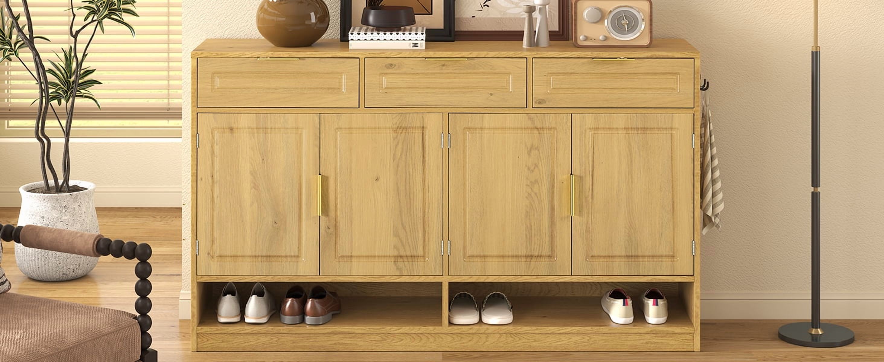 Farmhouse Sideboard with 3 Drawers & 4 Doors, 59.1" Storage Buffet with Adjustable Shelf and Open Storage Compartments, Suitable for Dining Room, Living Room, Entryway