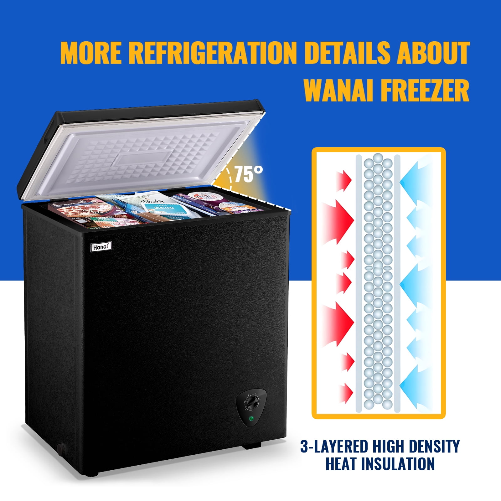 WANAI 5.0 Cu.ft Compact Freezer, Fast Cooling, Top Door Design, Energy-Efficient Deep Freezer Black