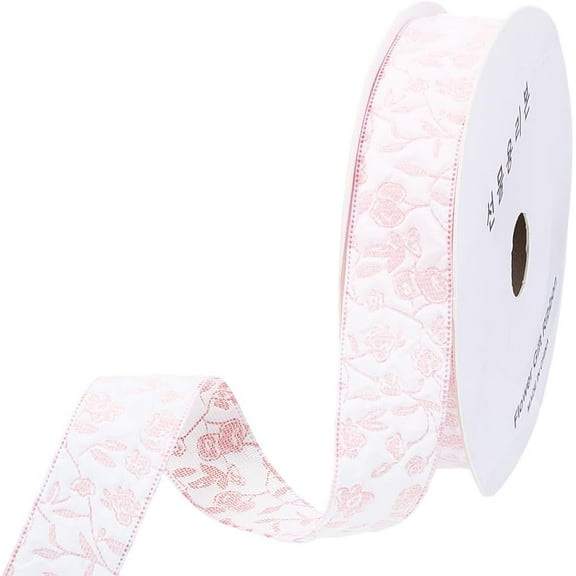 2 Rolls 20 Yards Pink White 3D Rose Flower Pattern Floral Ribbon Spring Printed Polyester Fabric Ribbons Bulk with Spool for Sewing Making Gift Wrapping Party Home Decoration DIY Craft