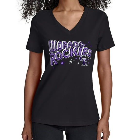Women's Starter Black Colorado Rockies Fireworks V-Neck T-Shirt