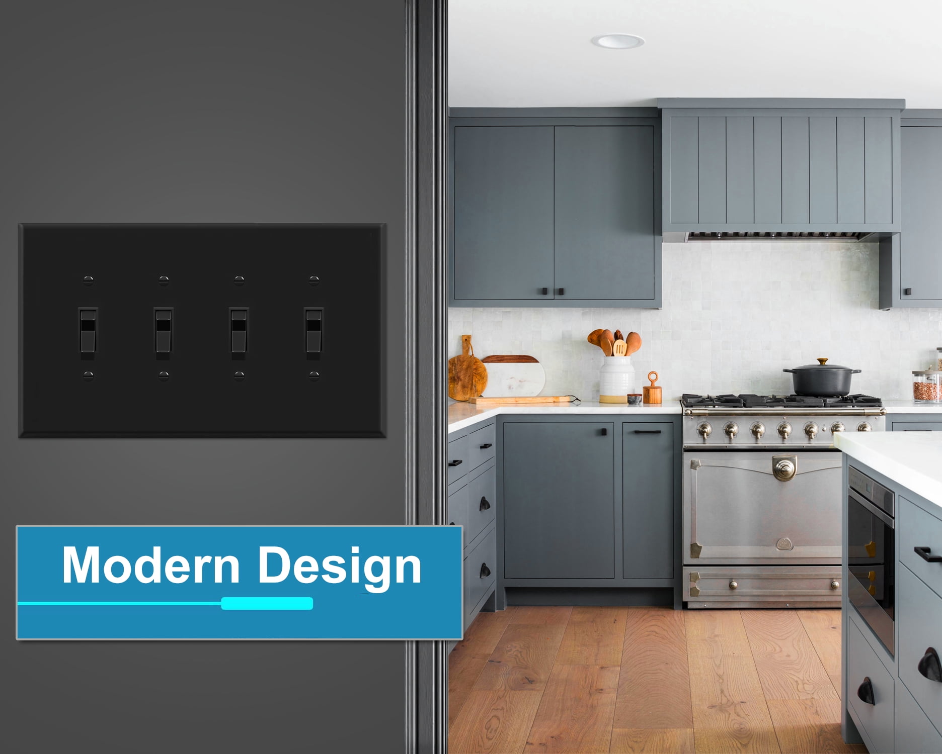 OVERSIZED 4 Gang Toggle Metal Light Switch Plate Cover - Four Gang Jumbo Wall Plate for Toggle Style Light Switches, Stainless Steel Painted Black - UL Listed, 5.5" x 9.5" - Made in USA