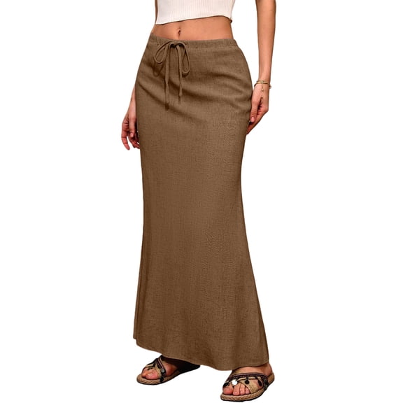 Linen Flared Maxi Skirt with Back Slit - Elastic Waist Drawstring Long Flowy Ankle-Length Skirt Brown S
