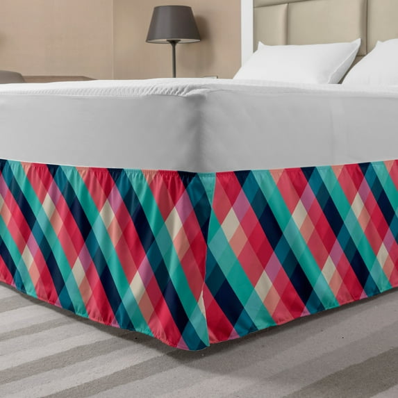 Geometric Bed Skirt, Diagonal Grid Style Rhombuses with Different Colors Abstract Shapes Illustration, Elastic Bedskirt Dust Ruffle Wrap Around for Bedding Decor, 4 Sizes, Multicolor, by Ambesonne