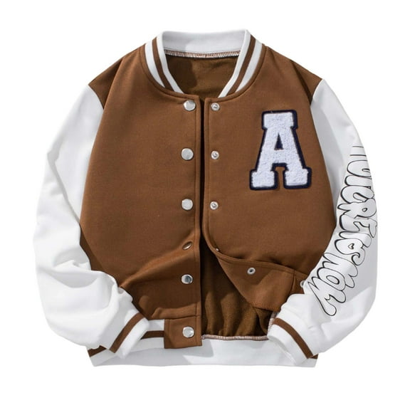 SonxaHe Big Boy' Bomber Jackets Letter Print Stand Collar Jackets Child Athletic Fall Winter Outerwear Jacket Brown,Sized 9-10