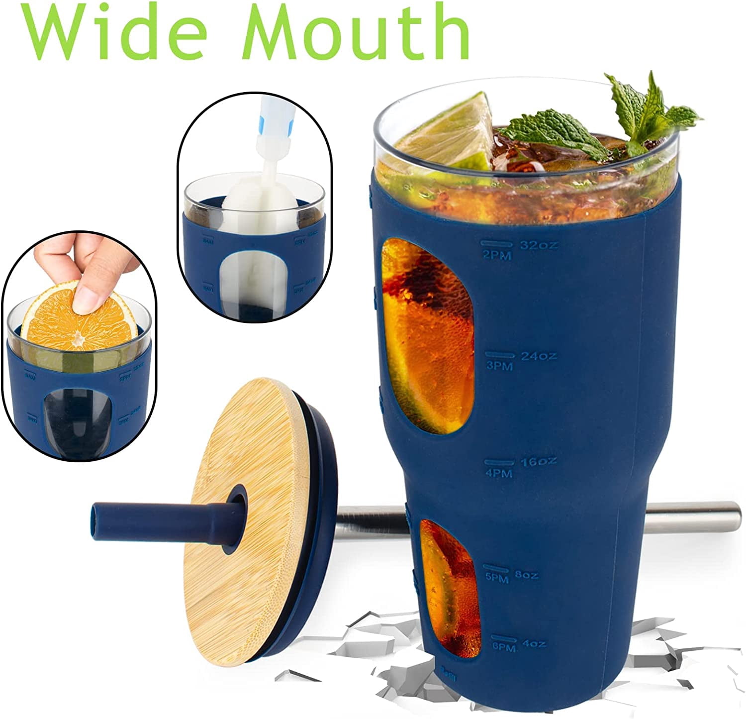Vepudi 36oz Glass Tumbler with Straw and Lid, Time Marker, Silicone Sleeve,  Black - Walmart.com