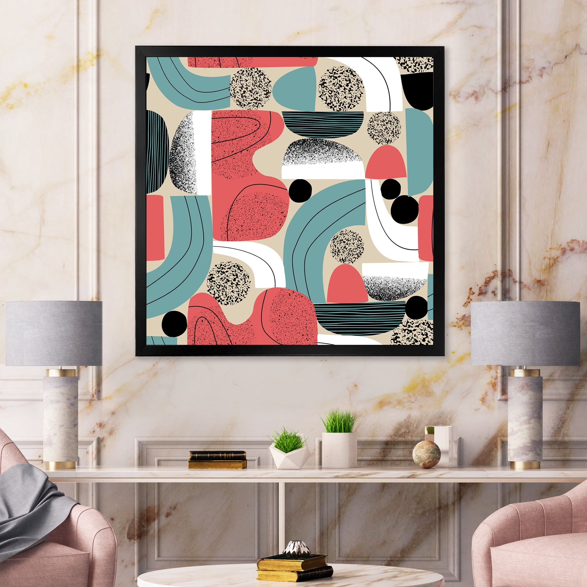 Designart 'Retro Shapes With Abstract Moons and Suns III' Modern Framed Art Print