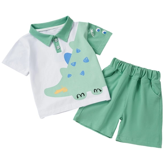 Gbsyewxs Boys Outfits 2 Piece Dinosaur Print Tops And Shorts Lapel Short Sleeve Casual Summer Boys Clothes Set Green Size 5-6 Years