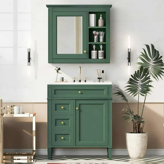 30'' Bathroom Vanity with Top Sink, Modern Bathroom Storage Cabinet with 2 Drawers and a Tip-out Drawer, Freestanding Vanity Set with Mirror Cabinet, Single Sink Bathroom Vanity (Same as SW000126AAF)