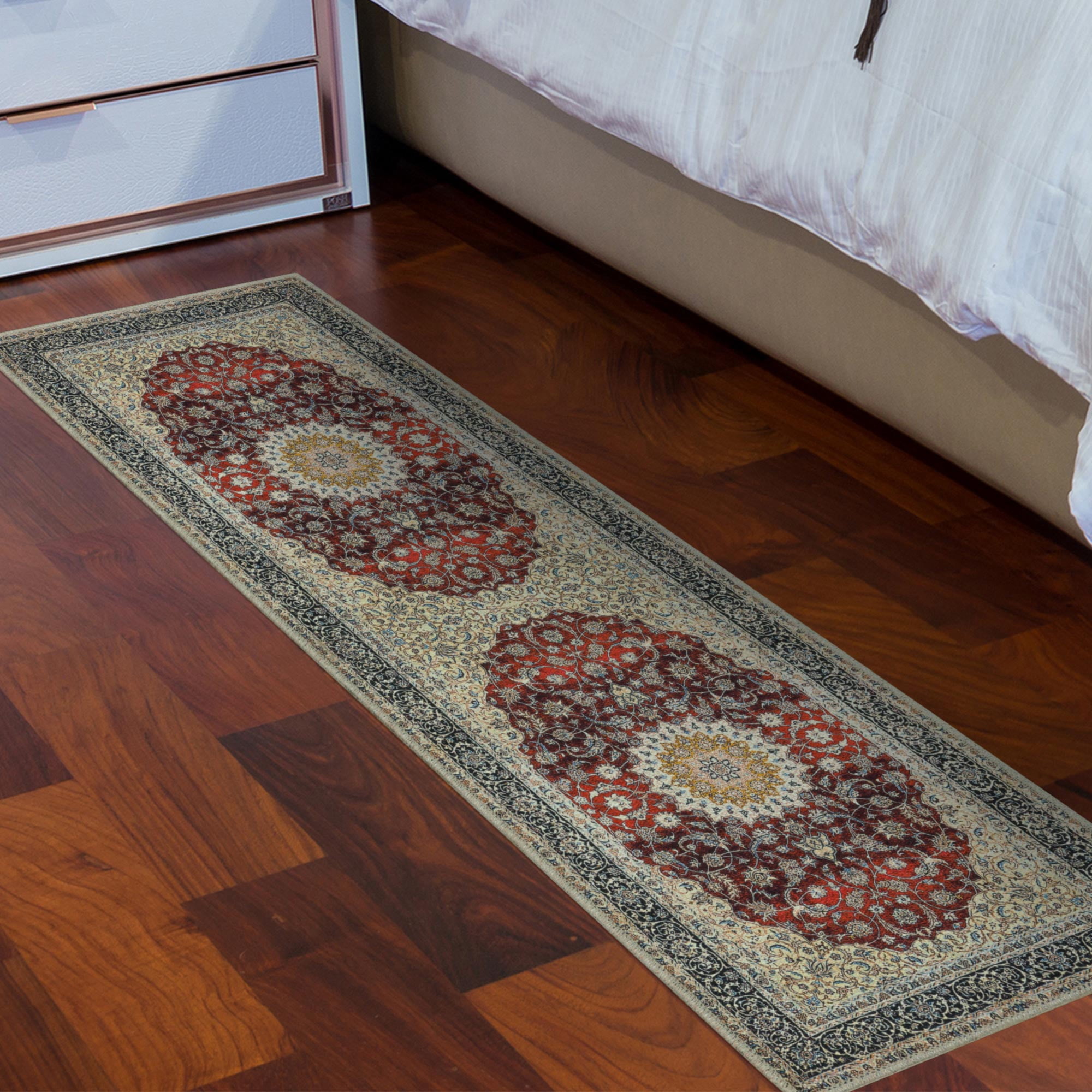 Ottomanson Machine Washable Cotton 2x5 Flatweave Runner Rug for Bedroom, 20" x 59", Red Medallion