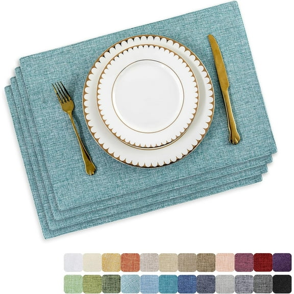 Cloth Placemats Set of 4 for Holiday Dinner Linen Placemat Heat Resistant Dining Table Place Mats for Kitchen Table, 12 x 18 inches, Teal