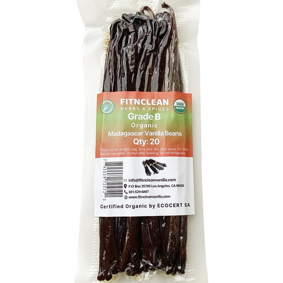 20 Madagascar Organic Vanilla Beans Grade B for Extract (5"-7"), Whole Bourbon Non-Gmo Pods