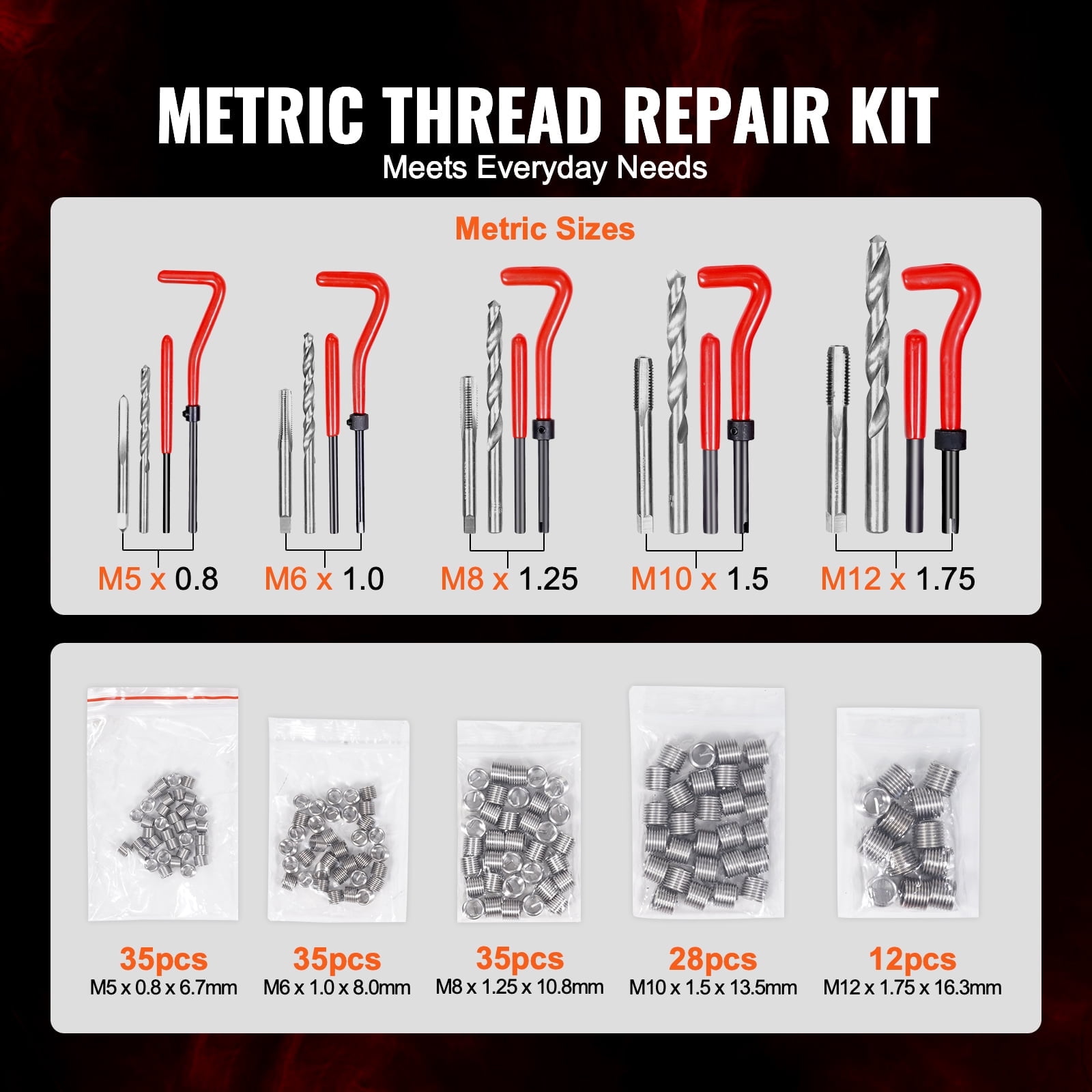 KFFKFF Metric Thread Repair Set, 166-Pcs, Includes M5-M12 Sizes, HSS Drills, Coil Inserts, Taps, and Tools for Rethreading