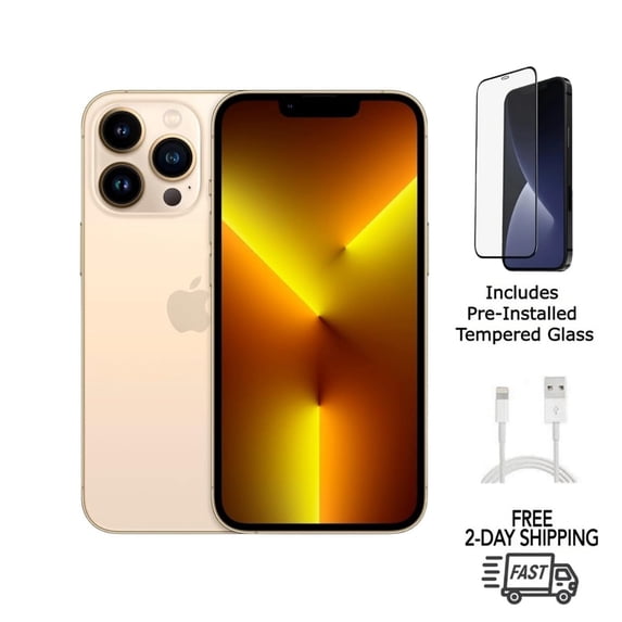 Restored Apple iPhone 13 Pro (Fully Unlocked) 128GB Gold (A2483) Bundle with Pre-Installed Tempered Glass (Refurbished)