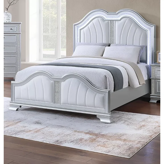 Queen Size Bed Light Gray Arched HB FB Glitter Strip Accent 1pc Bedframe Luxury Furniture