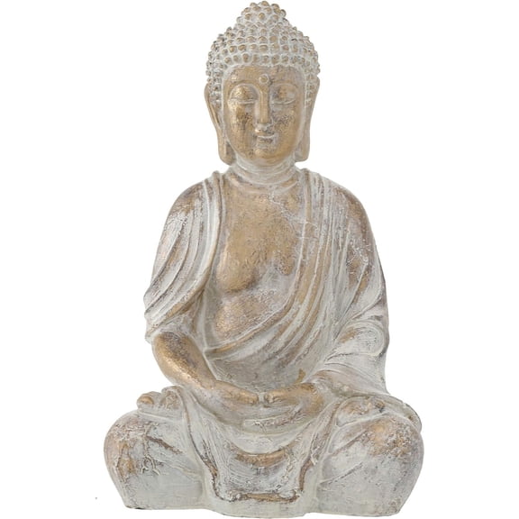 Golden Temple Buddha, Soft Grey Patina 12.25 Inch Tall, Detailed Seated Statue, Vintage Museum Quality Reproduction, Hand Cast Resin