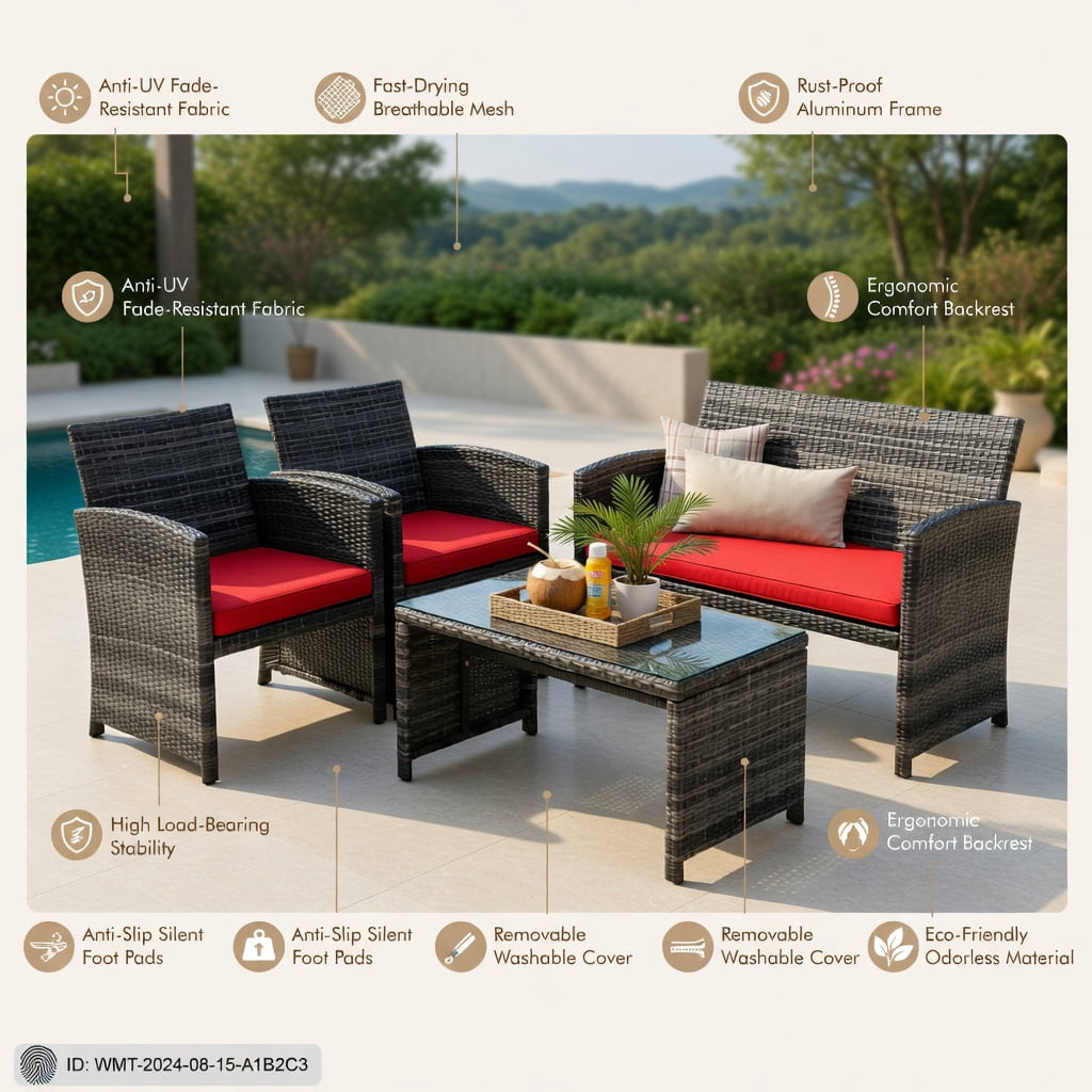 Hommoo 4-Piece PE Rattan Patio Furniture Set with Removable Cushions, Loveseat, 2 Single Chairs & Tempered Glass Coffee Table for Backyard, Garden or Balcony, Red