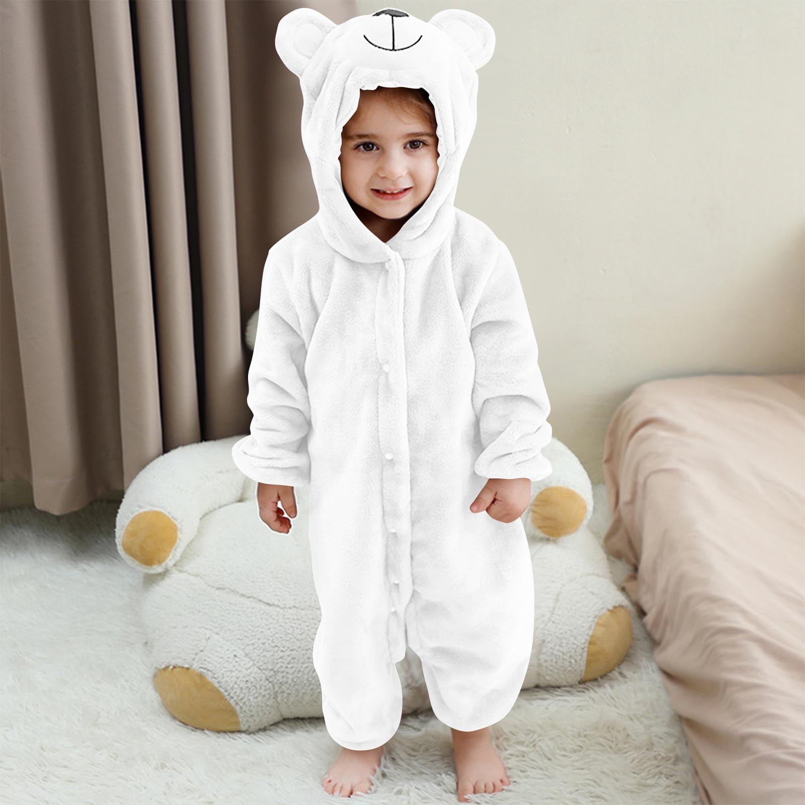 Paiwinds Girls' Fleece Hooded Jumpsuit Pajamas for Toddler & Kids (3M-6Y) Winter Warm Bear Costume One-Piece Sleepwear with Buttons, Soft Long Sleeve Romper for Home & Holiday